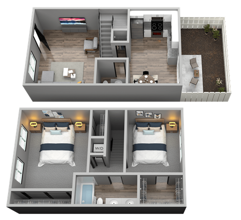 Floor plan for 2 beds, 1.5 baths, 987 sqft